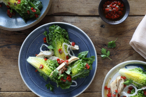 Roasted chicken salad with mixed greens and herbs from the Spanish cookbook, Boqueria: A Cookbook.
