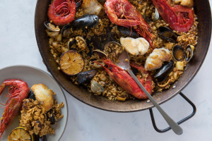 Spanish seafood dish with shrimp served at Boqueria tapas bar and Spanish restaurant with locations in NYC and DC.