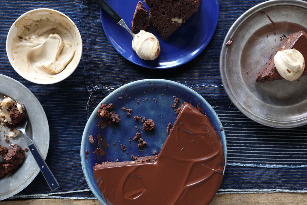 Chocolate cake tart with walnuts and coffee cream from Boqueria Spanish restaurant and tapas bar in NYC and DC.